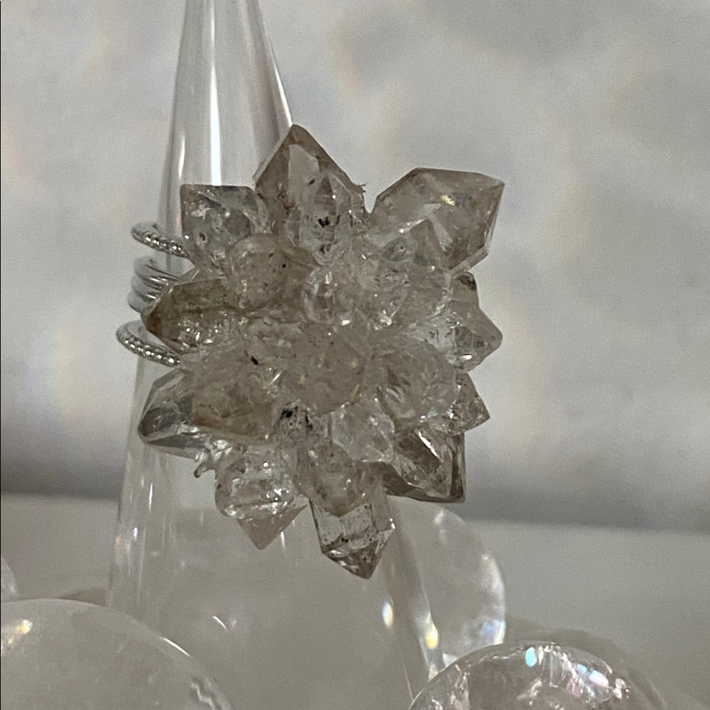 Herkimer Black & White Energy Healer Crystal Cluster Silver Statement Ring - Picture 2 of 5